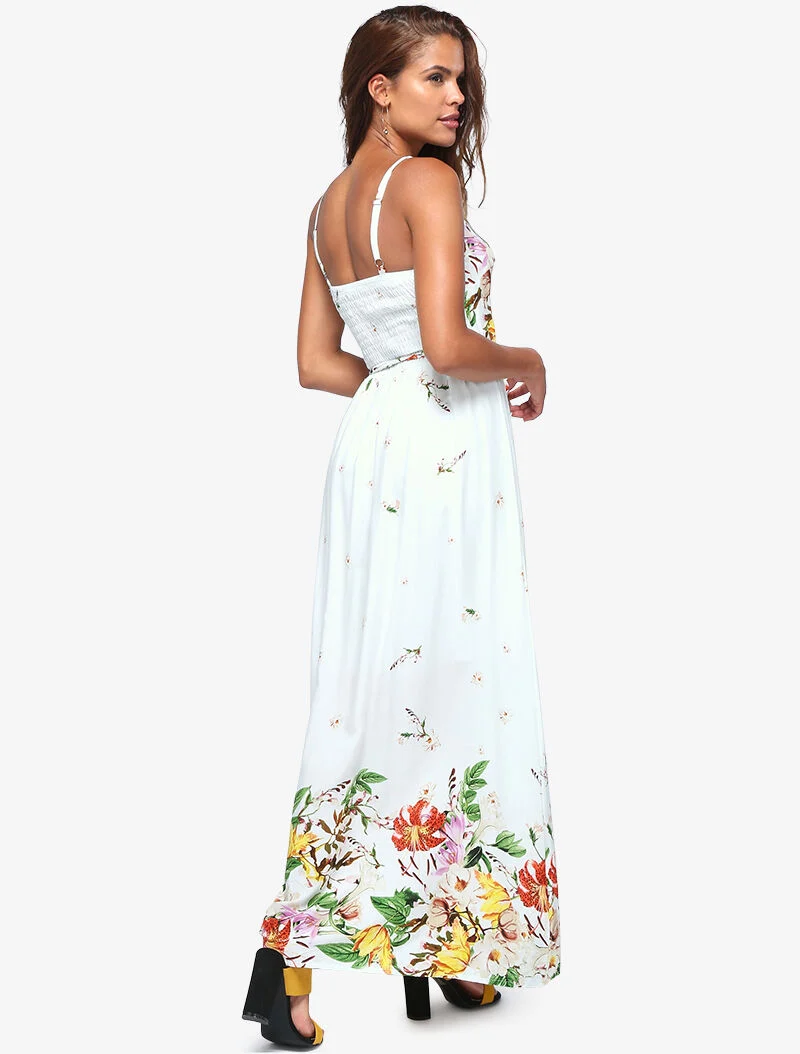 Langes Kleid mit Blumenmuster - weiß