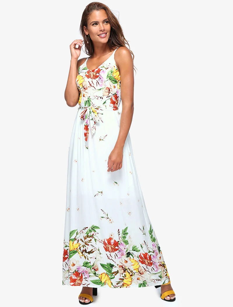 Langes Kleid mit Blumenmuster - weiß