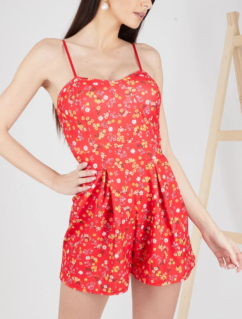 Jumpsuit mit kleinem Blumenmuster - Rot
