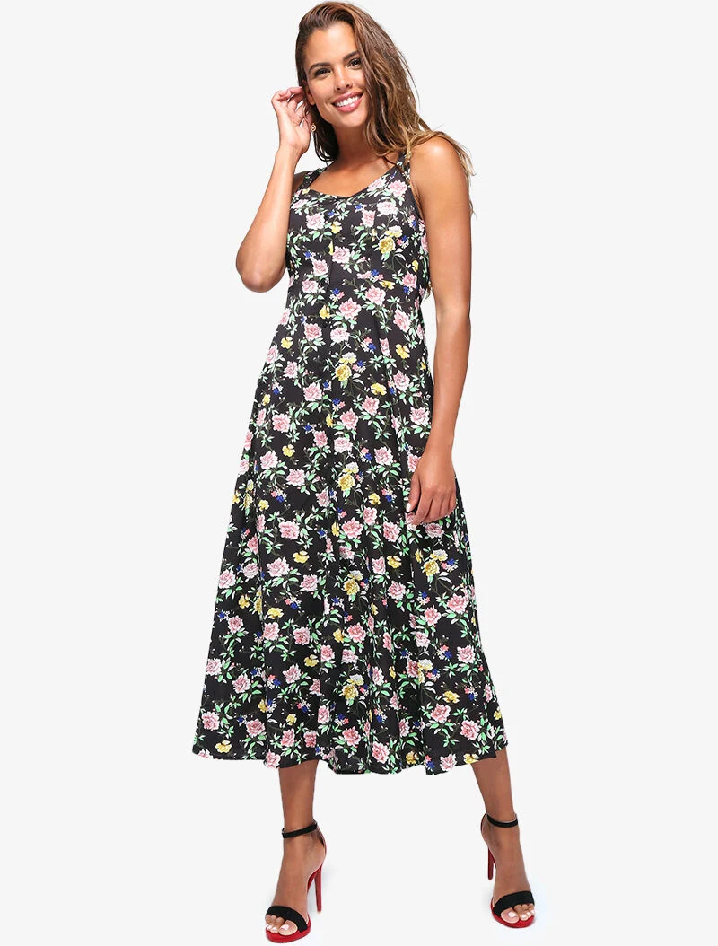 Geblümtes Kleid mit offenem Rücken - schwarz