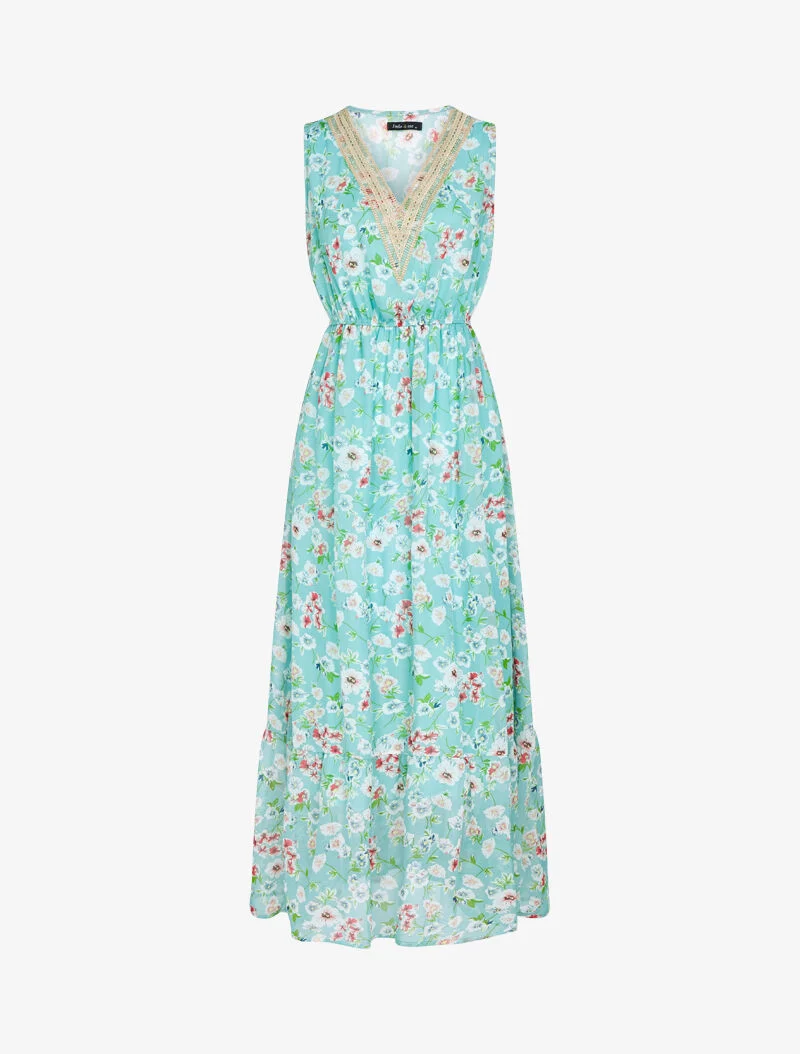 Gehäkeltes Kleid mit Blumendruck und V-Ausschnitt - Wassergrün