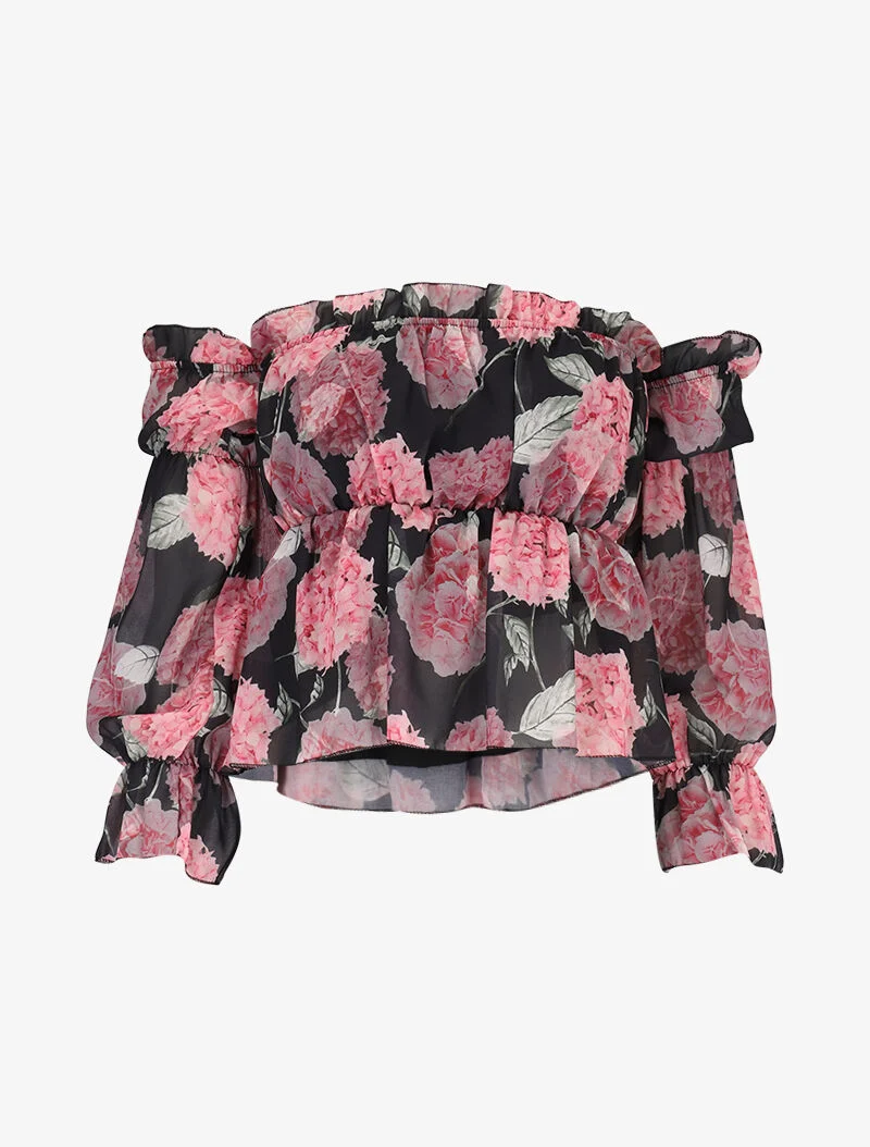 Schulterfreies, geblümtes Crop-Top - schwarz