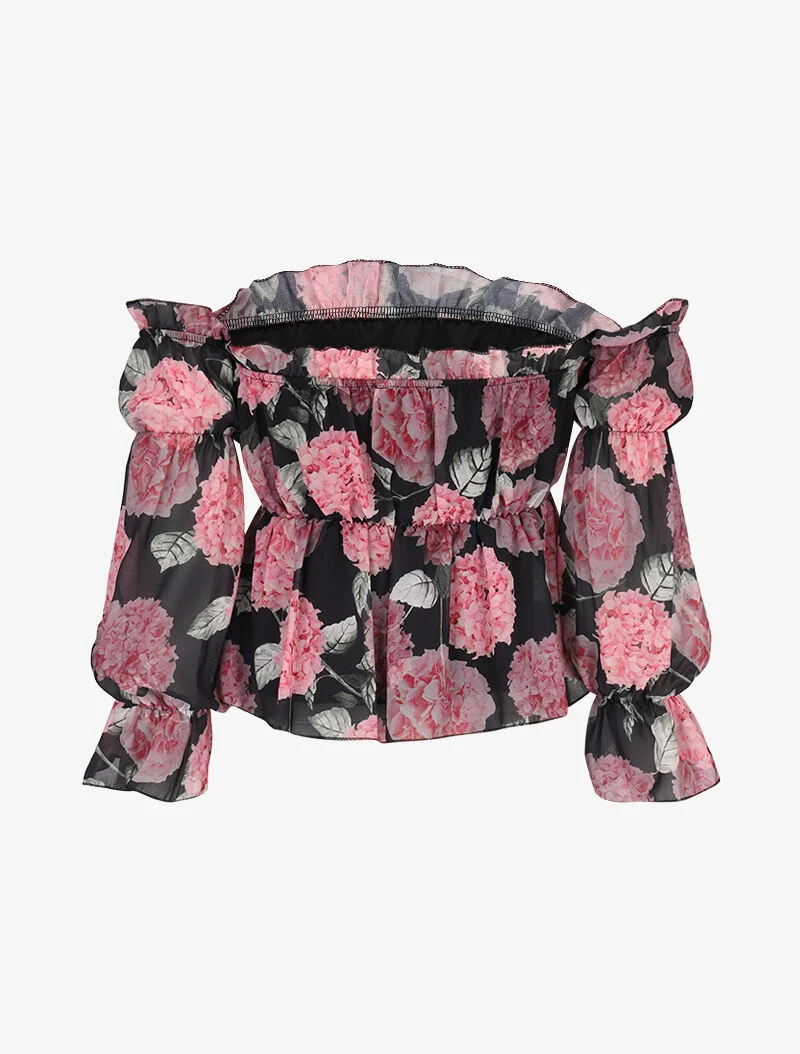 Schulterfreies, geblümtes Crop-Top - schwarz