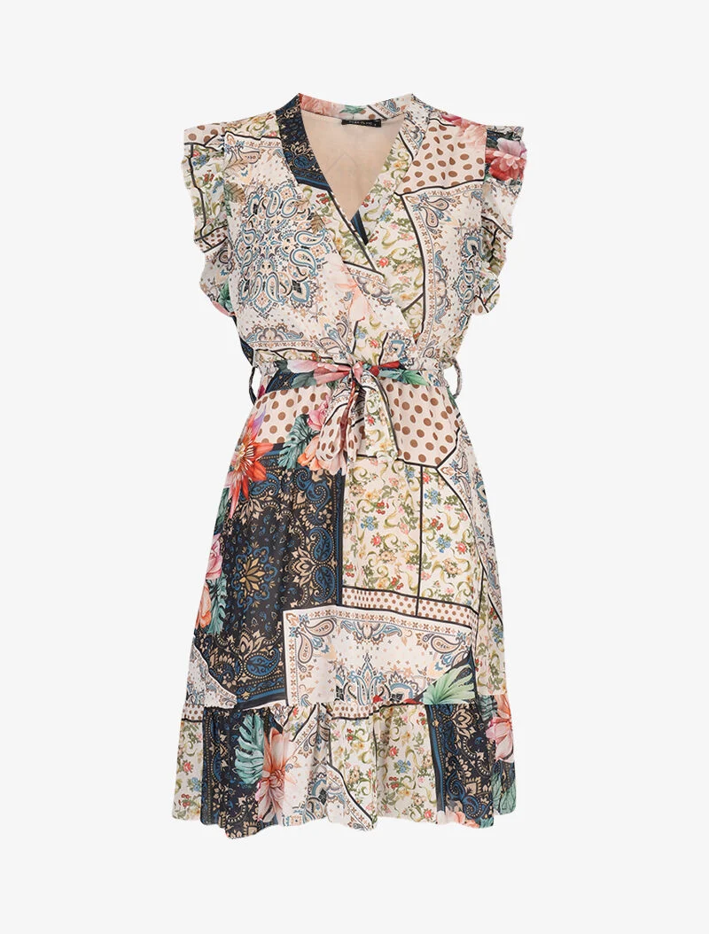 Rüschenkleid mit Druckmustern - blau