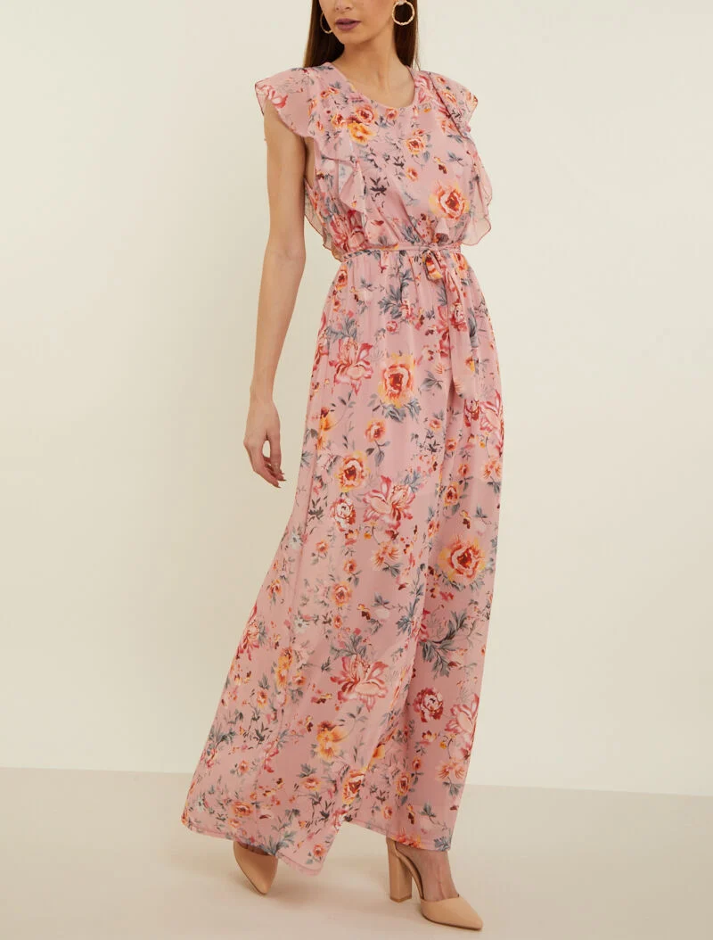 Geblümtes Kleid mit Rüschenoberteil - Rose