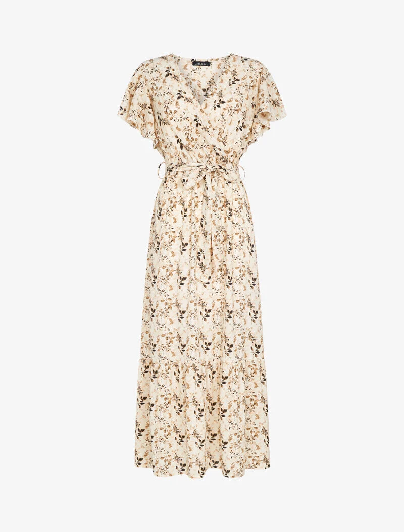 Kleid mit stilisiertem Blattmuster - beige
