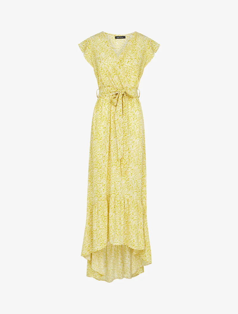 Asymmetrisches Kleid mit kleinem Blumenmuster - gelb