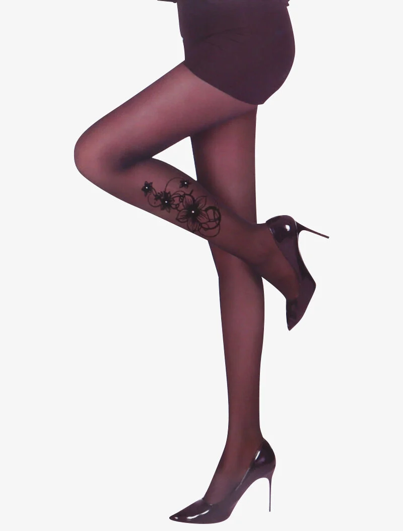 Blumen- und Strass bedruckte Strumpfhose - schwarz