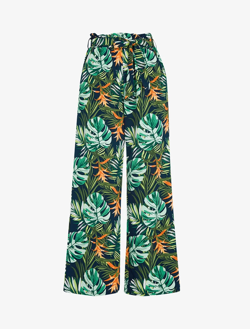 Fließende Hose mit tropischem Print - Marine
