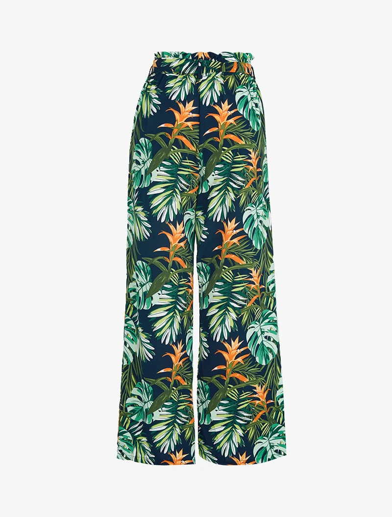 Fließende Hose mit tropischem Print - Marine