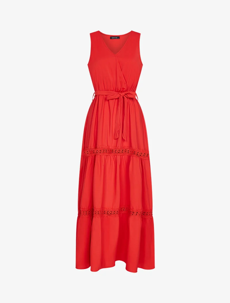 Kleid mit durchbrochenen Streifen aus Häkelarbeit - Rot
