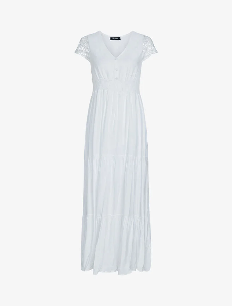 Besticktes Kleid mit Flügelärmeln - weiß