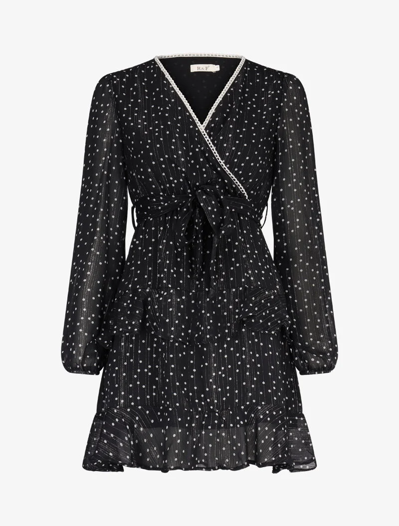 Kurzes Kleid mit übereinanderliegenden Volants und Punktemuster - schwarz