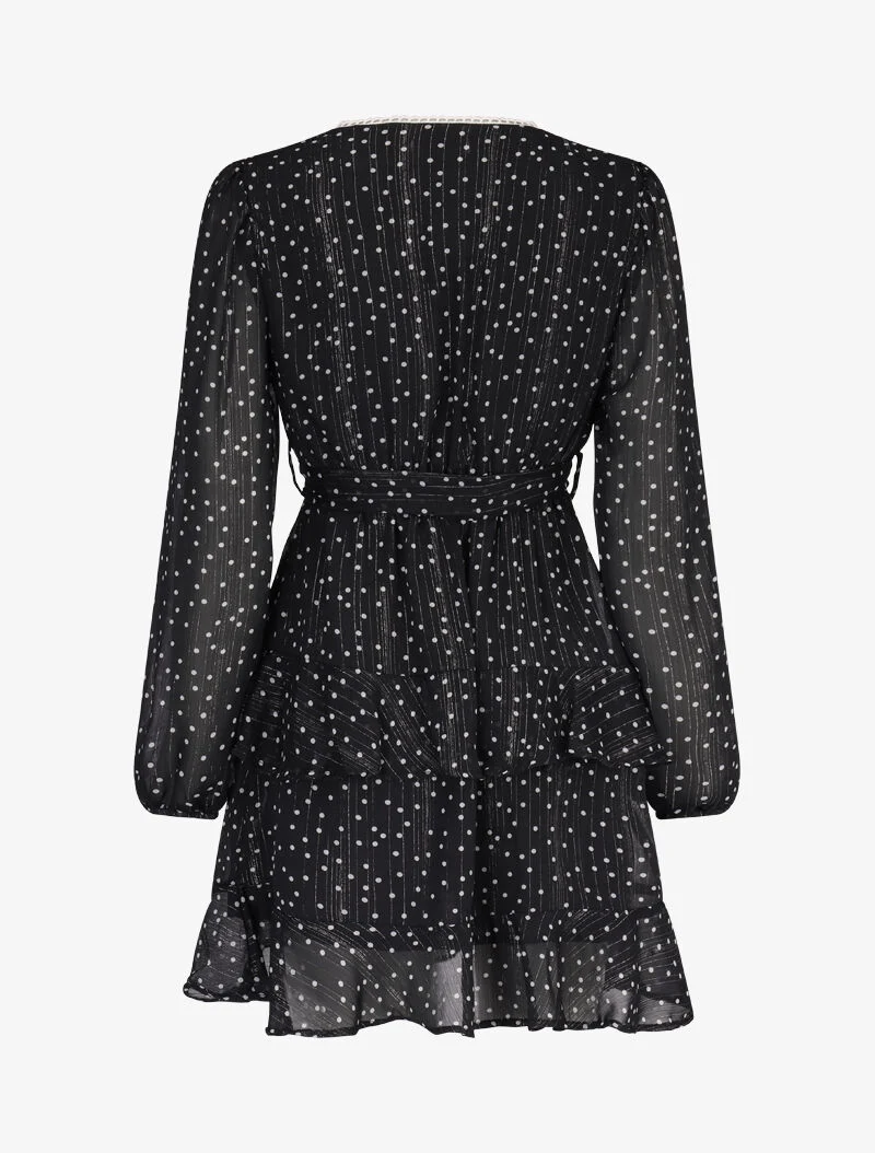 Kurzes Kleid mit übereinanderliegenden Volants und Punktemuster - schwarz