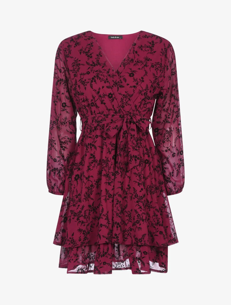 Skaterkleid aus Samt mit Blumenmuster - Bordeaux