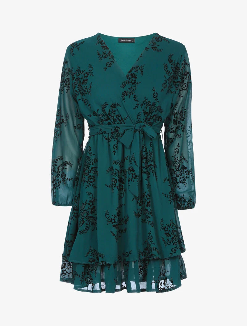 Skaterkleid mit Samteffekt und grafischen Blumen - Dunkelgrün