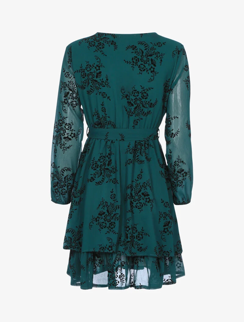 Skaterkleid mit Samteffekt und grafischen Blumen - Dunkelgrün