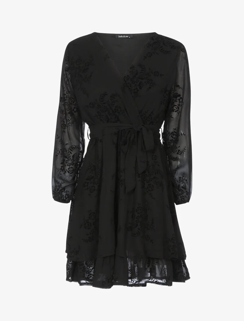 Skaterkleid mit Samteffekt und grafischen Blumen - schwarz