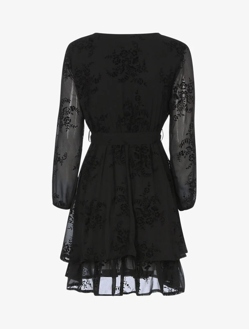Skaterkleid mit Samteffekt und grafischen Blumen - schwarz