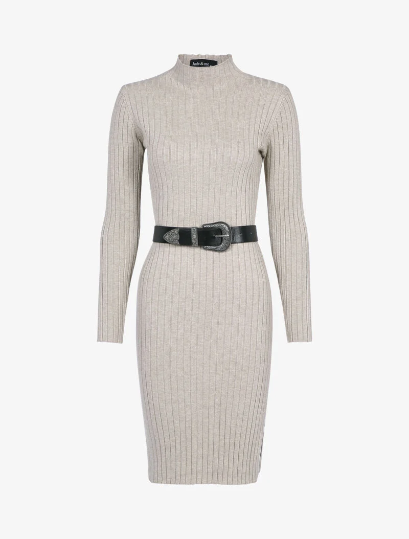 Geripptes Strickkleid mit Stehkragen - Maulwurf