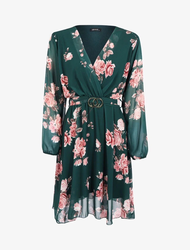 Kleid mit Blumenmuster und integriertem Gürtel - Dunkelgrün