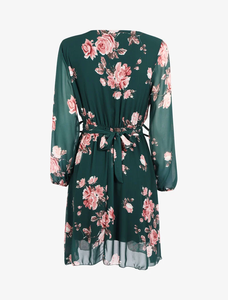 Kleid mit Blumenmuster und integriertem Gürtel - Dunkelgrün