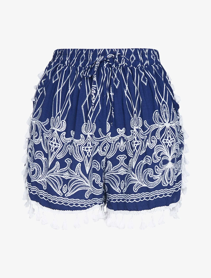 Bedruckte Shorts mit Quasten - Marine