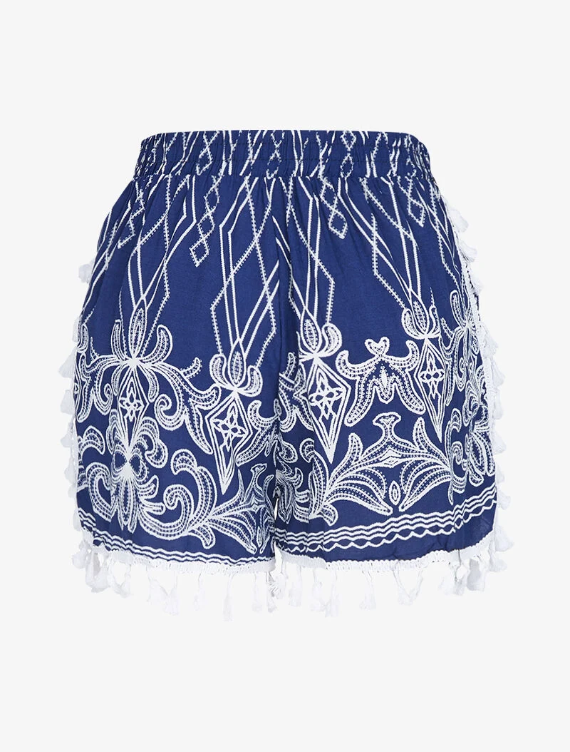 Bedruckte Shorts mit Quasten - Marine