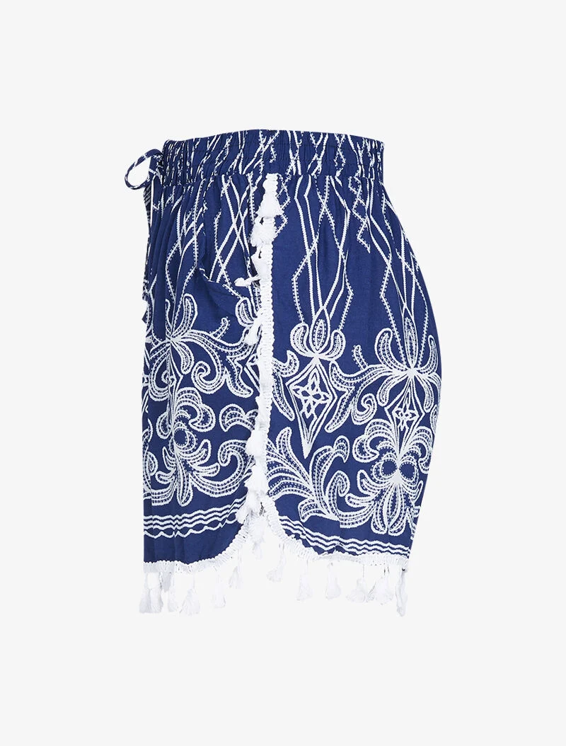 Bedruckte Shorts mit Quasten - Marine