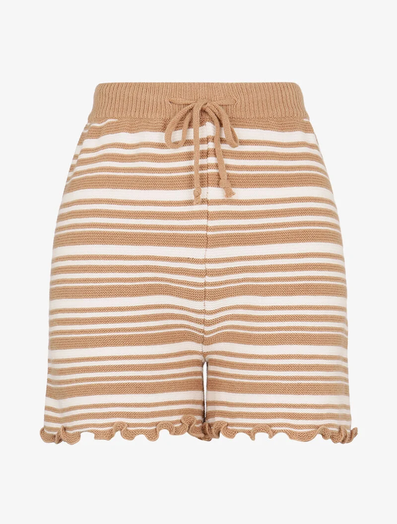 Gestreifte Strickshorts - Kamel