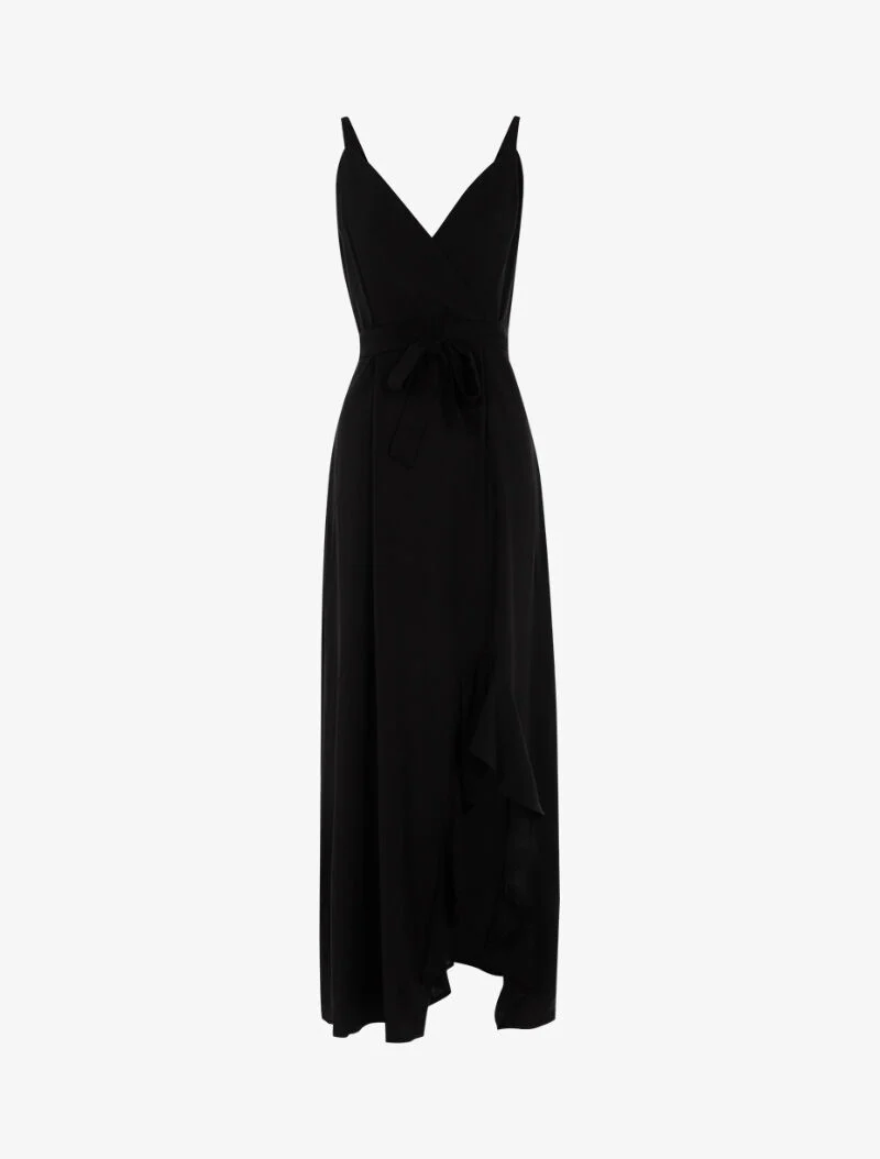 Langes Kleid mit geschlitztem Volant-Saum - schwarz