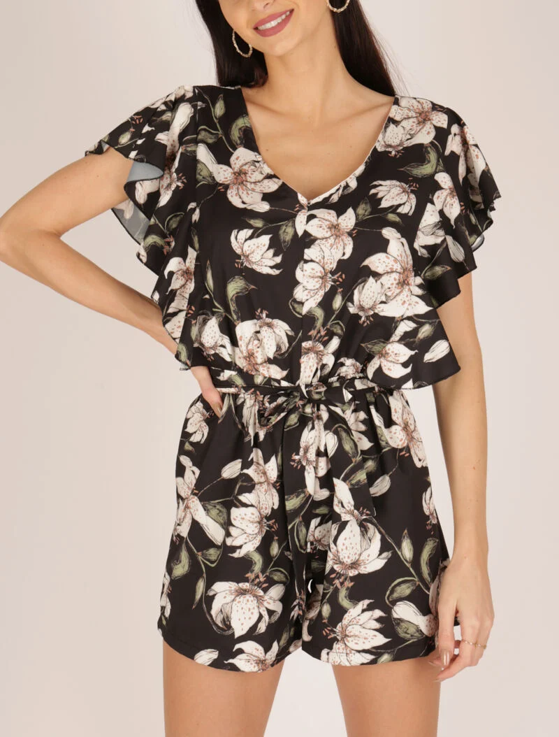 Rüschen-Jumpsuit mit Druck. - schwarz