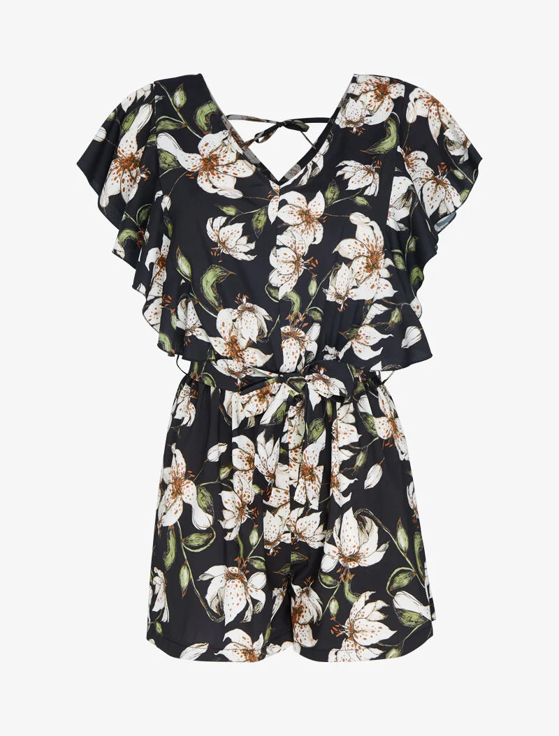 Rüschen-Jumpsuit mit Druck. - schwarz