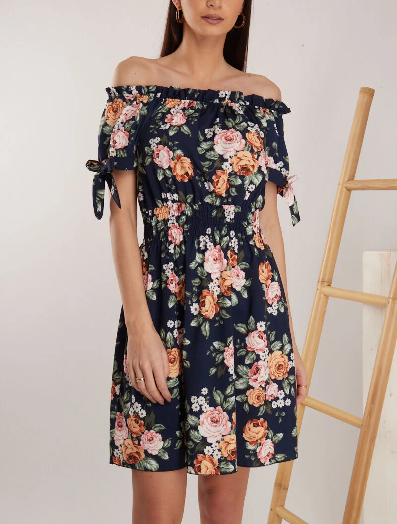 Skaterkleid mit Bardot-Ausschnitt und Print - Marine