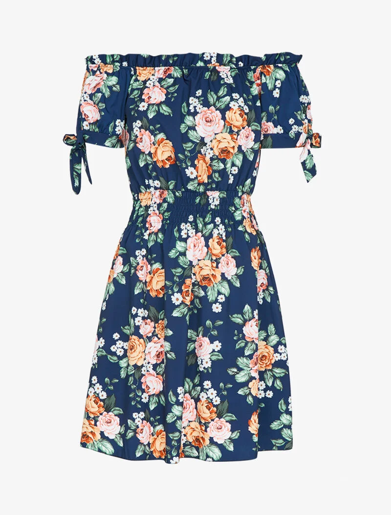 Skaterkleid mit Bardot-Ausschnitt und Print - Marine
