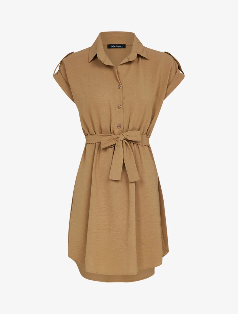 Skaterkleid mit umschlagbaren kurzen Ärmeln - Kamel