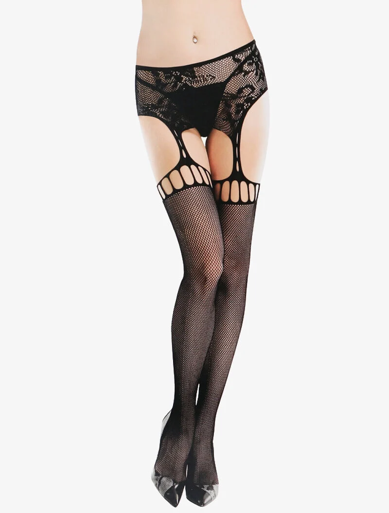 Barock gemusterte Strumpfhose mit offenem Schritt - schwarz
