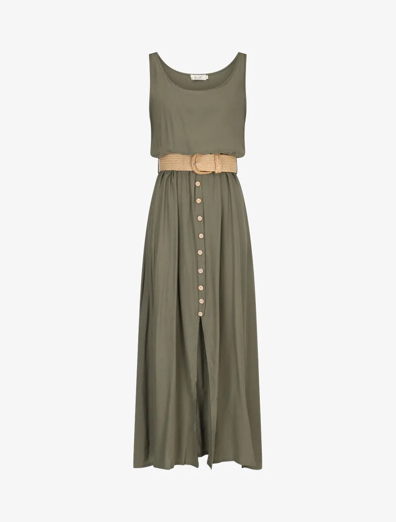 Langes Kleid mit dekorativen Knöpfen - Kaki