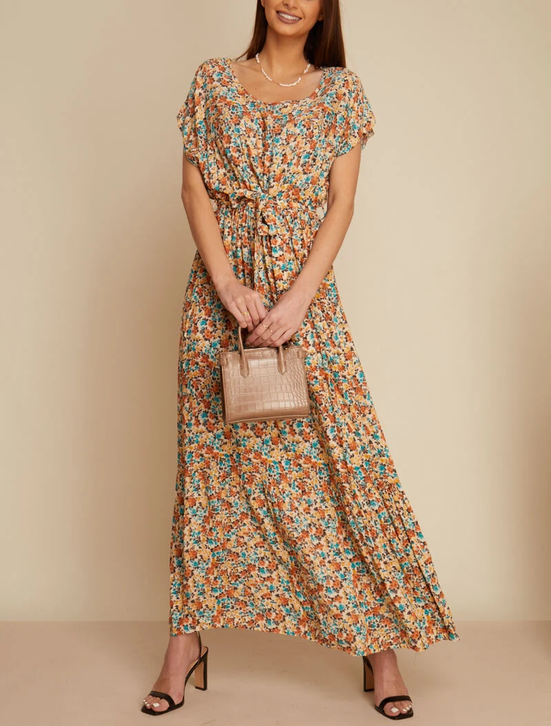 Kleid mit Blumenmuster und U-Boot-Ausschnitt - beige