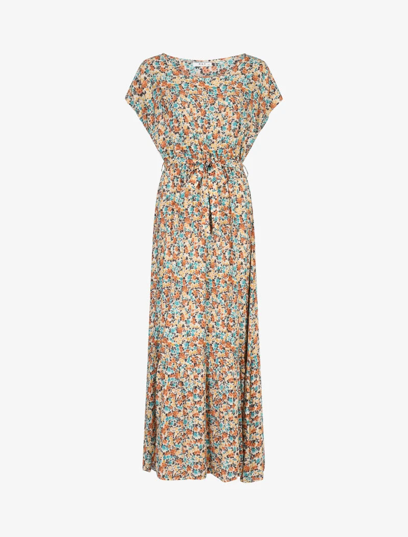 Kleid mit Blumenmuster und U-Boot-Ausschnitt - beige