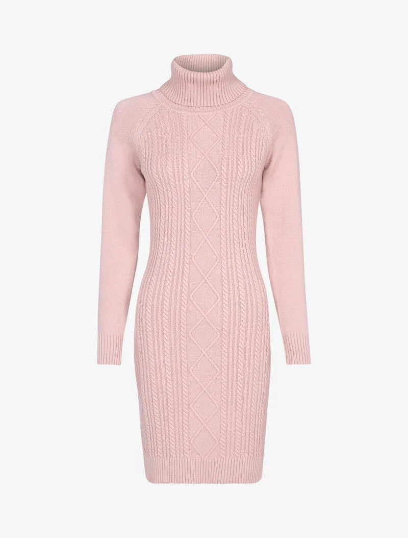 Rollkragen-Strickkleid mit Zopfmuster - Rose