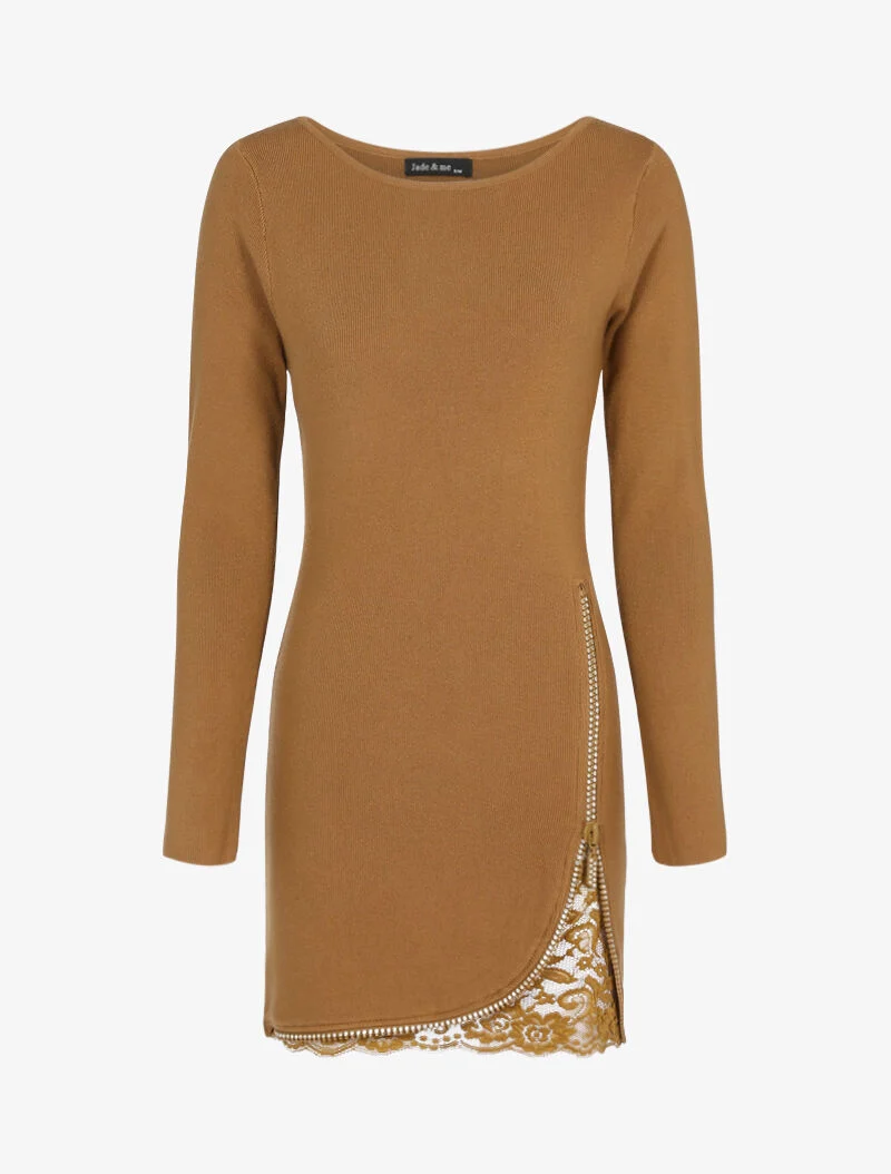 Strickkleid mit Strassreißverschluss und Spitze - Kamel