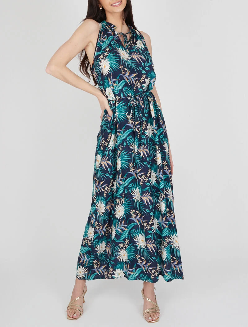 Bedrucktes Kleid mit hohem, gerüschtem Kragen - Marine