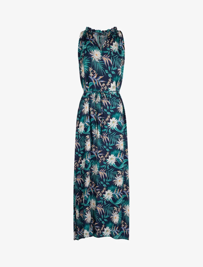 Bedrucktes Kleid mit hohem, gerüschtem Kragen - Marine