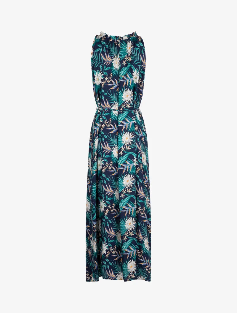 Bedrucktes Kleid mit hohem, gerüschtem Kragen - Marine