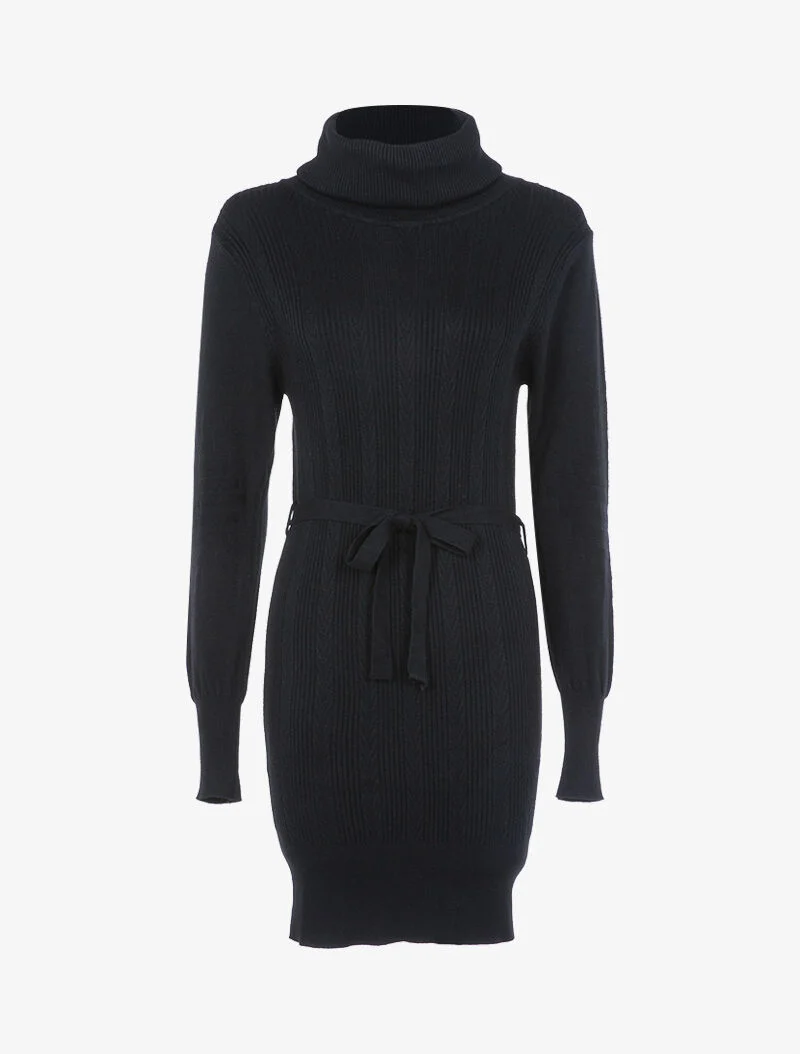 Strickkleid mit geflochtenen und gerippten Details - schwarz