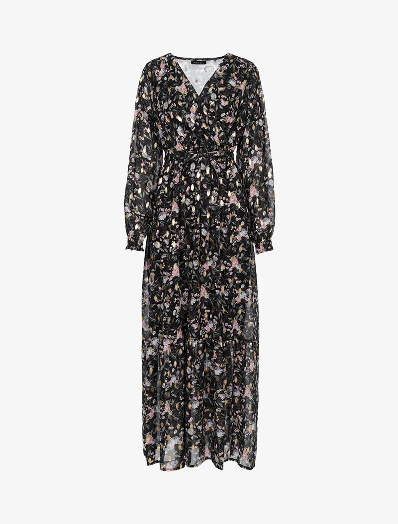 Leichtes langes Kleid mit Blumenmuster und Flockdruck. - schwarz