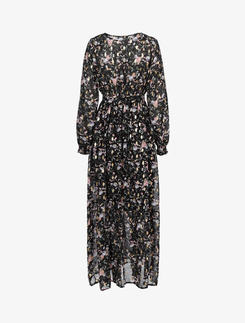 Leichtes langes Kleid mit Blumenmuster und Flockdruck. - schwarz