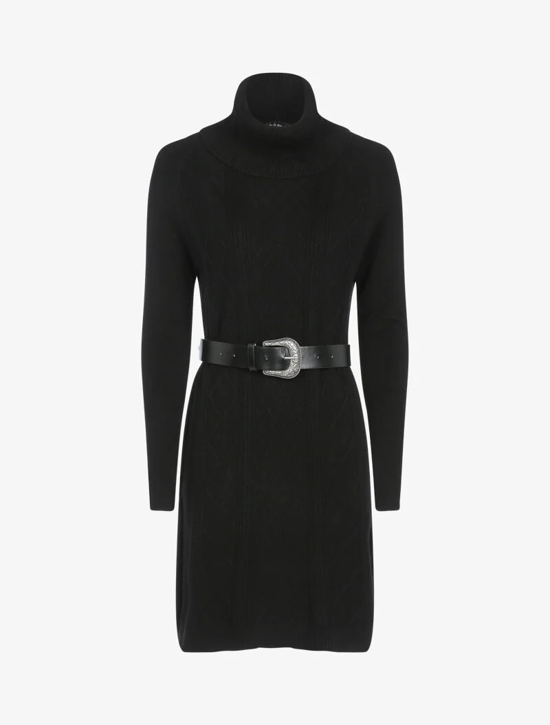 Pulloverkleid mit Bischofsärmeln und geometrischen Details - schwarz
