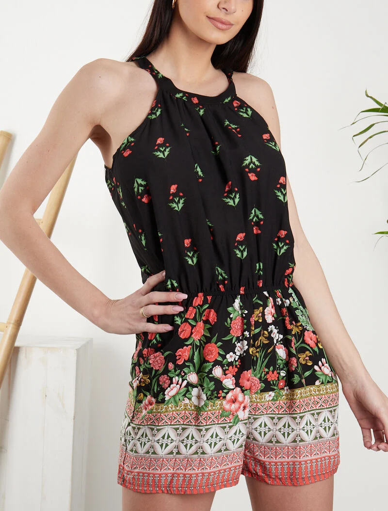 Floral und grafisch bedruckter Jumpsuit - schwarz